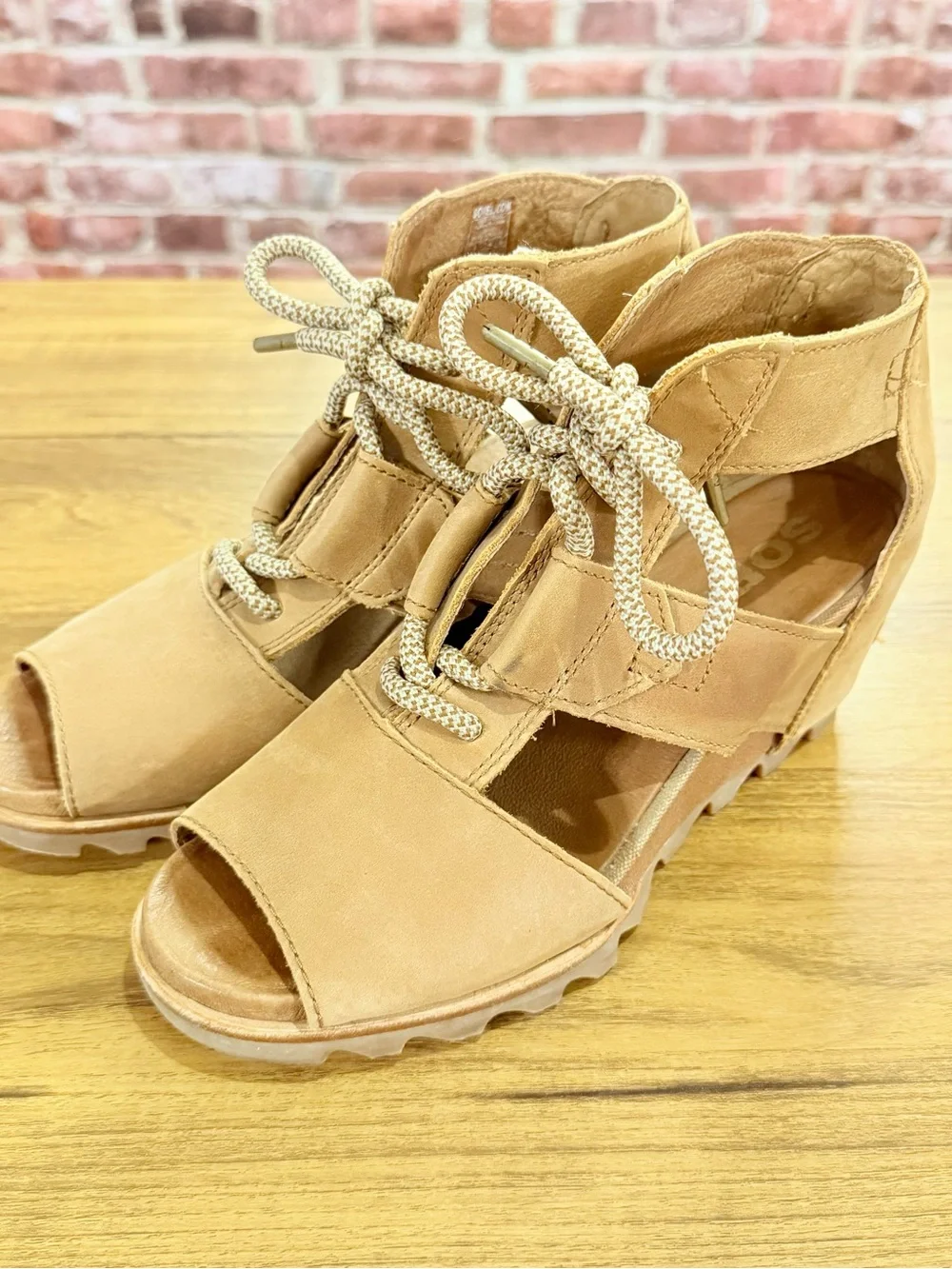 Sorel Joanie Lace Tan Suede Lace-Up Wedge Sandals